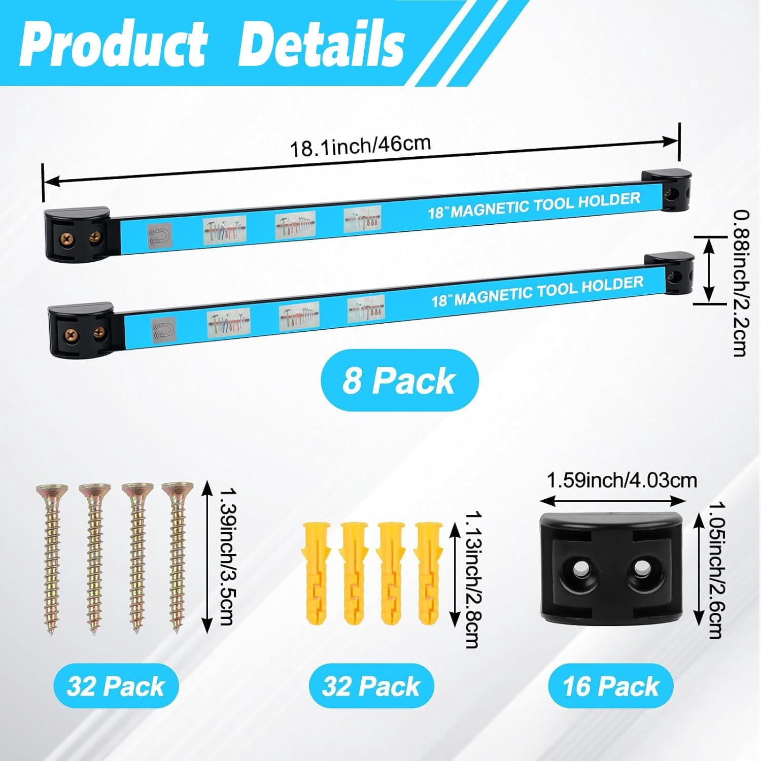 8 PCS Magnetic Tool Holder Strip 18 Inch Tool Magnet Bar for Garage Organization Heavy Duty Space Saving Tool Organizer with Mounting Screws for Garage Workshop Kitchen