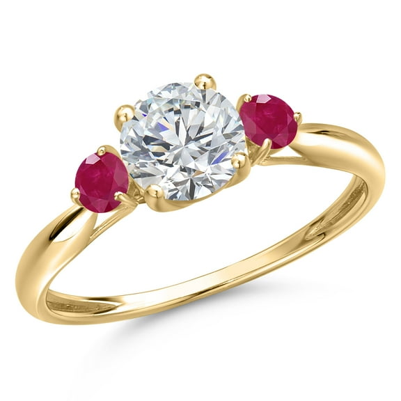 Gem Stone King 10K Yellow Gold Lab Grown Diamond and Red Ruby 3-Stone Ring for Women | 1.05 Cttw | Round 6MM | Gemstone April Birthstone | Size 8