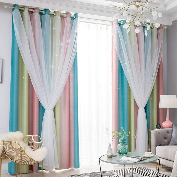 Star Window Curtains, Double Layer Blackout Curtains for Kids Girls