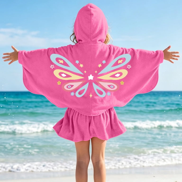 YUANxueke Girls Swim Cover Up Butterfly Wing Sleeve Zip Up Hooded Towel Wrap Ruffle Bathing Beach Dress with Pockets for 2-11 Years