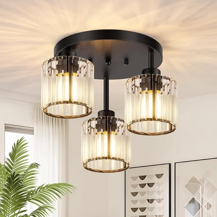 3-Light Crystal Semi Flush Mount Ceiling Light, Black Kitchen Lighting Fixtures Ceiling, Modern Hallway Light Fixtures with Clear Crystal Shades, Close to Ceiling Lamp for Bedroom Foyer Entryway