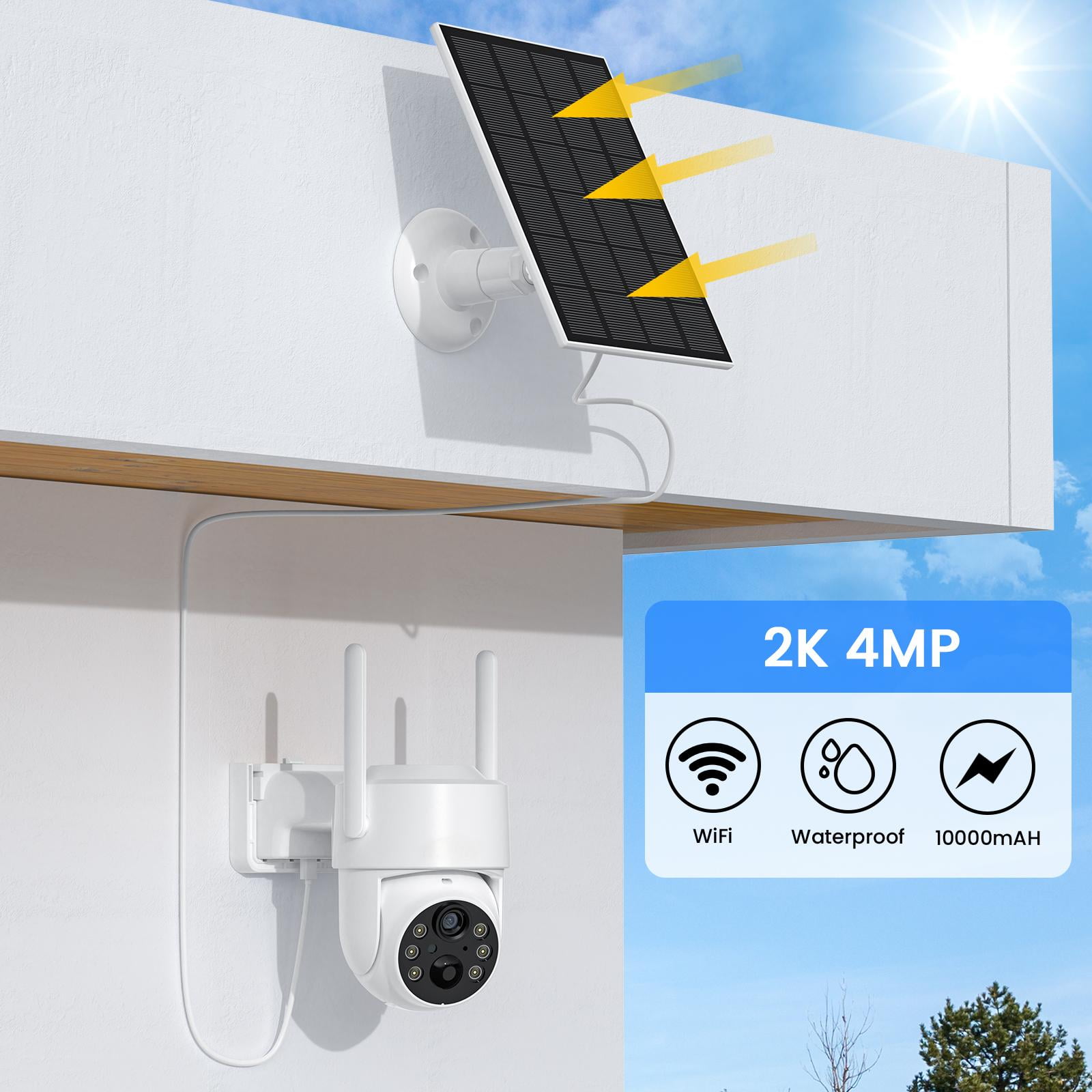 TopVision Outdoor Surveillance Camera, 360° Pan & Tilt, 2K Resolution, Weatherproof, Solar Panel, White