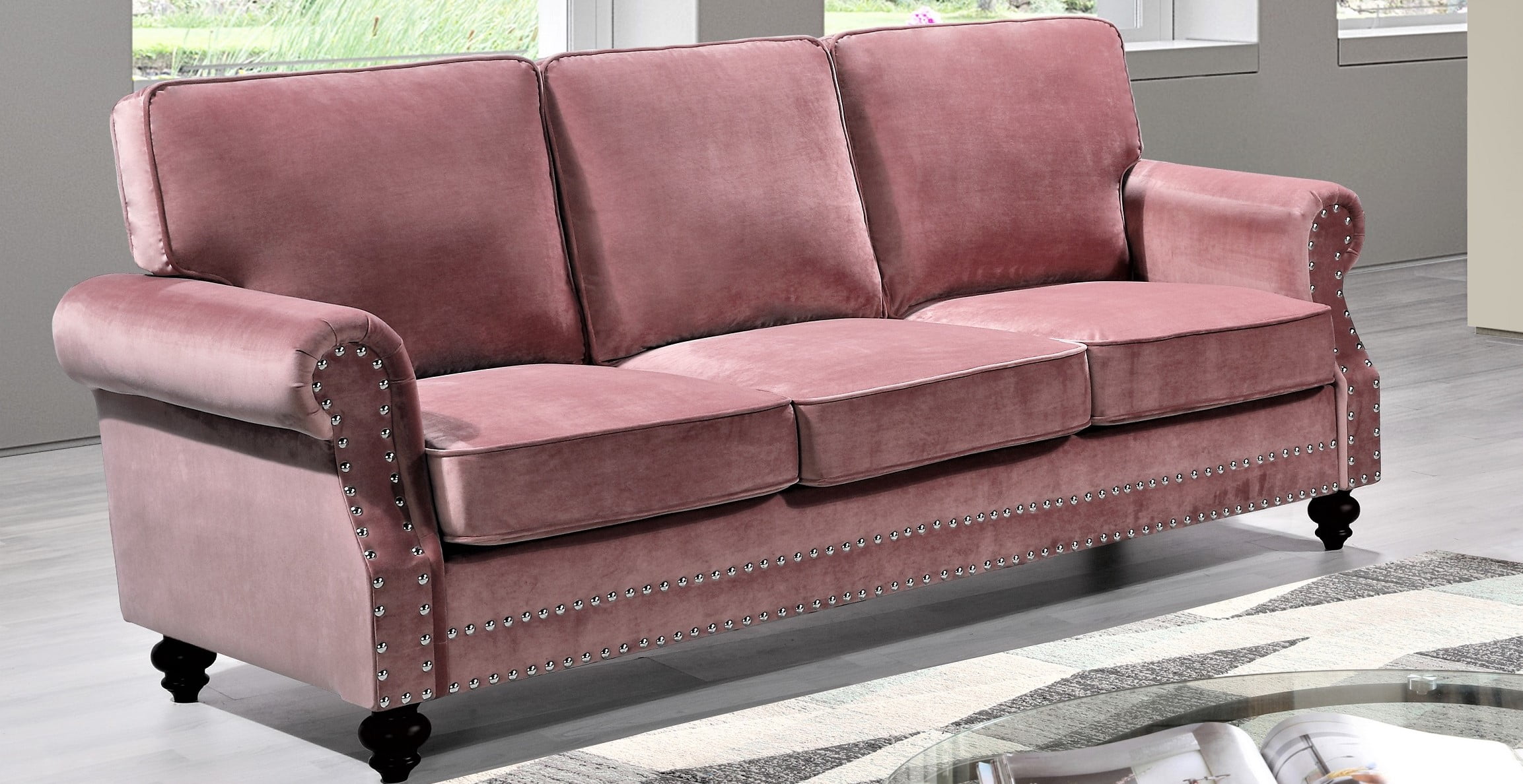 Uspridefurniture Feingold 85'' Velvet Rolled Arm Sofa, Pink