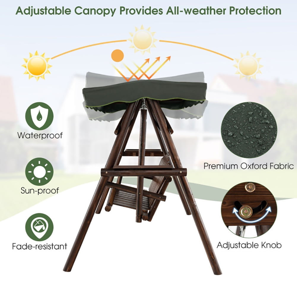Aimee Lii 2-Person Outdoor Wooden Porch Swing with an Adjustable Canopy, Swing Chair Outdoor