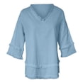 thumbnail image 5 of Cotton Linen Tops Women 3/4 Length Sleeve V Neck Shirts Summer Linen Tops Womens Summer Tops Lightweight Linen Blouses for Women Beach Vacation Tshirts,Blue,L, 5 of 5