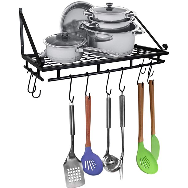 Greenco Wall Mounted Pot and Pan Organizer Shelf with 10 Hooks