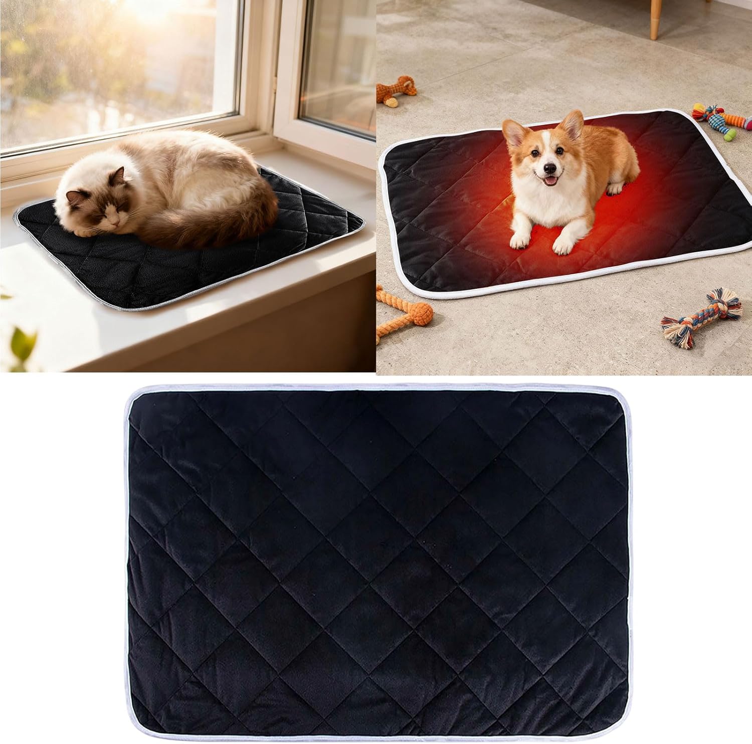 Heated Cat Bed, Dog Heating Pad, Waterproof Extra Warm Thermal Pet Pad for Indoor Outdoor Decor, Non-Slip Heating Pads for Dogs Cats, Pet Bed Home Decor Washable, Gifts for Women Men (Black)