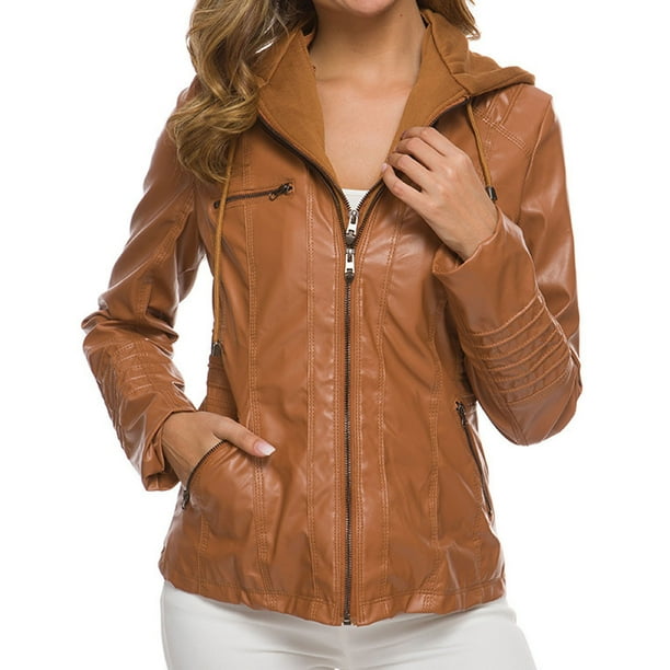 Hooded faux clearance leather jacket womens