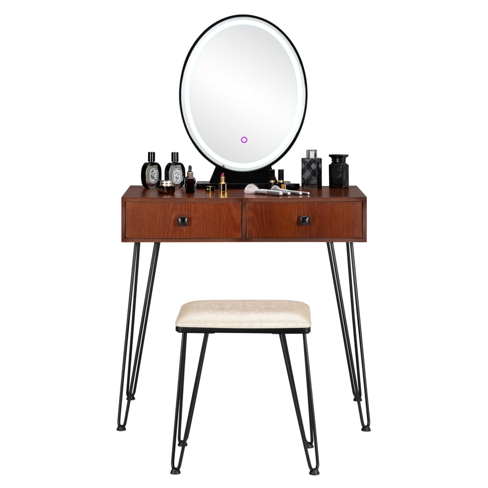 Kepooman Bedroom Iron Dressing Table, Simple Dressing Table with Iron Foot and Three-Color Adjustable Light, White Kepooman Bedroom Iron Dressing Table, Simple Dressing Table with Iron Foot and Three-Color Adjustable Light, White