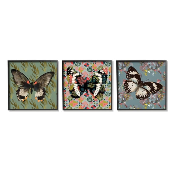 Stupell Industries Butterflies On Pink Blue Gold Patterns Abstract Designs Graphic Art Black Framed Art Print Wall Art Set of 3, 12x12, by Karen Dreyfus