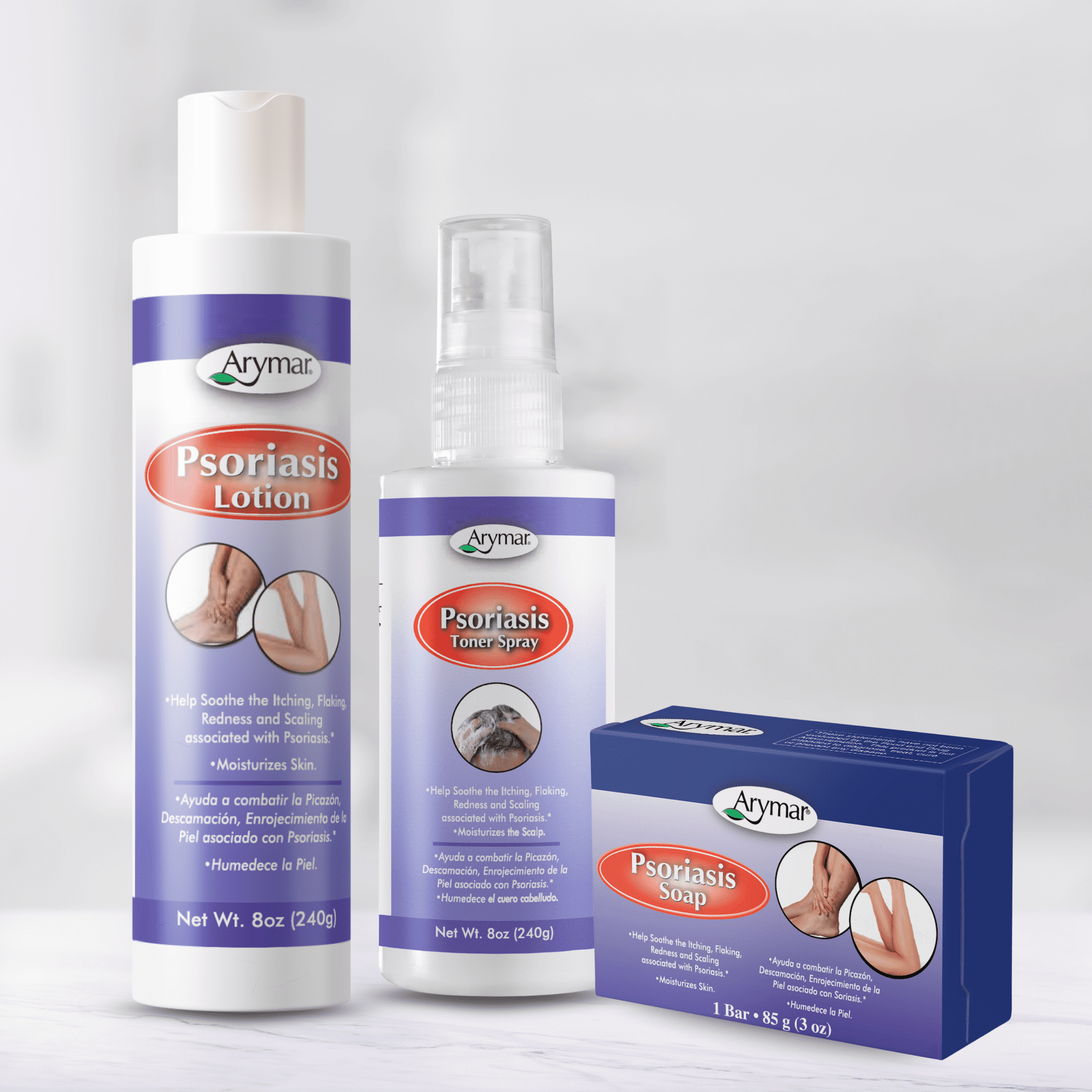 Arymar Psoriasis Care Set – Toner Spray, Bar Soap & Hydrating Lotion Essentials