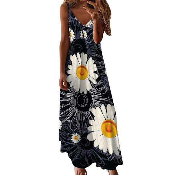XIAOCHA Womens Daisy Print Maxi Dress Sleeveless Spaghetti Strap Dress Vacation Outfit