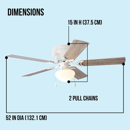 MAINSTAYS 52 INCH HUGGER INDOOR CEILING FAN WITH LIGHT KIT, WHITE, 5 BLADES, REVERSE AIRFLOW