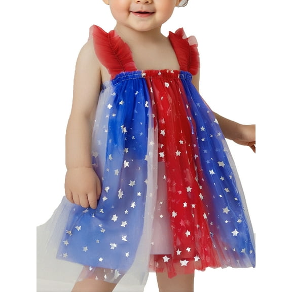4th of July Toddler Baby Girl Dress Multicolour Sequin Star Dress Sleeveless Suspender Tulle Dress
