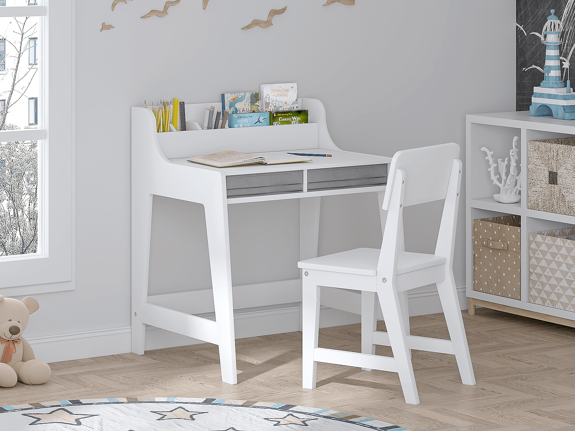 STAROUS Kids Study Desk with Storage Bin, White Activity Table and Chair Set