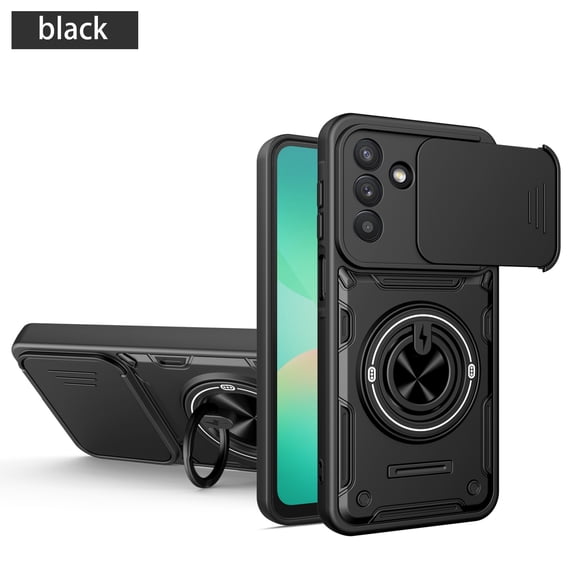 Dteck Case for Samsung Galaxy A17 5G,Shockproof TPU PC Case Ring Holder Stand Slide Lens Protection Cover,Black