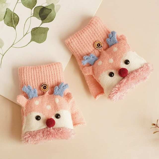 Children Winter Warm Casual Christmas Knit Cute Pattern Mittens Plus Velvet Flip Fingerless Multifunction Glove