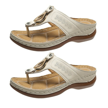 

huanledash 1 Pair T-Strap Round Toe Flip Flops Slip-on Slope Heel Platform Women Sandals for Daily Life