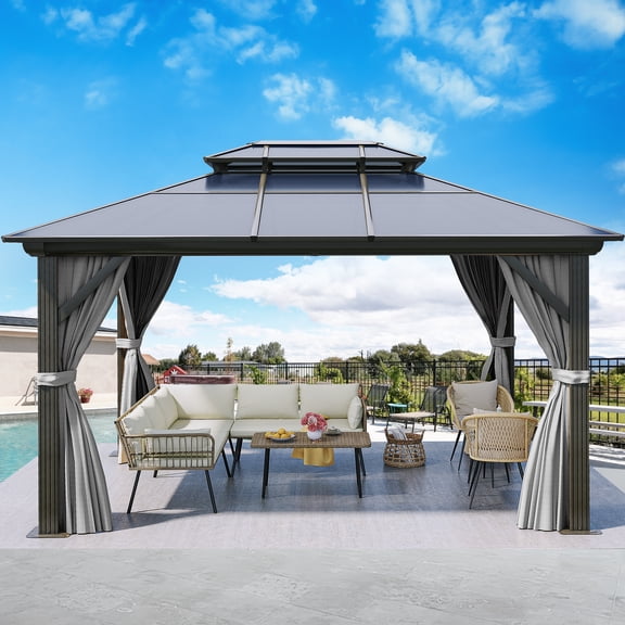 Dextrus 10x12FT Hard-Top Double Roof Gazebo Canopy Outdoor with Netting and Shaded Curtains, Aluminum Frame Polycarbonate Hardtop Garden Tent for Patio, Backyard, Deck and Lawns, Gray