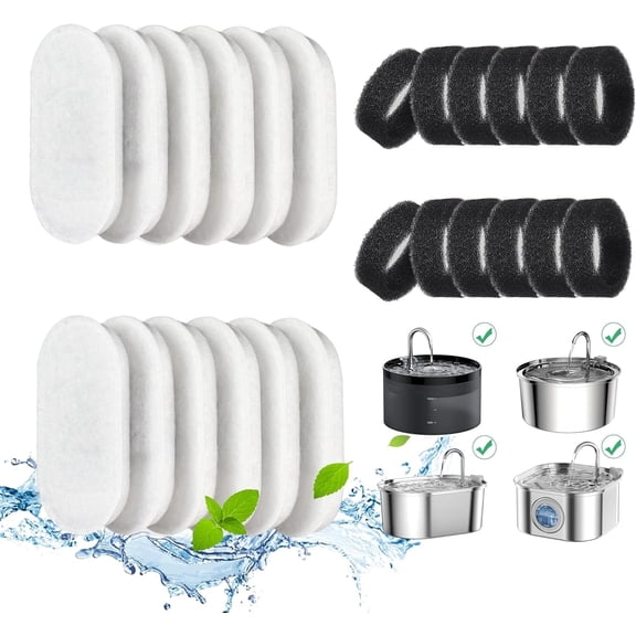 Cat Water Fountain Filters, Cat Fountain Replacement Filters for 67oz/2L & 108oz/3.2L & 135oz/4.0L Stainless Steel Adjustable Water Flow Pet Water Fountain (12 Filters & 12 Sponges)