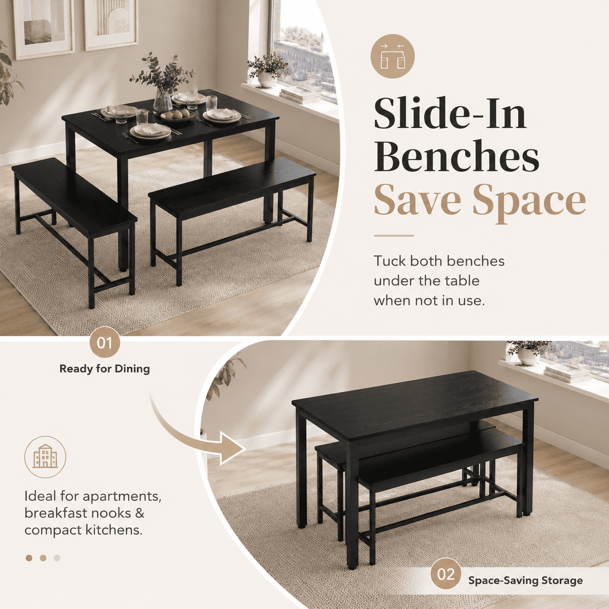 Aukfa 3-Piece Dining Table Set for 4, Kitchen Table with 2 Benches, Space-Saving Dining Room Table Set for Small Spaces,Black