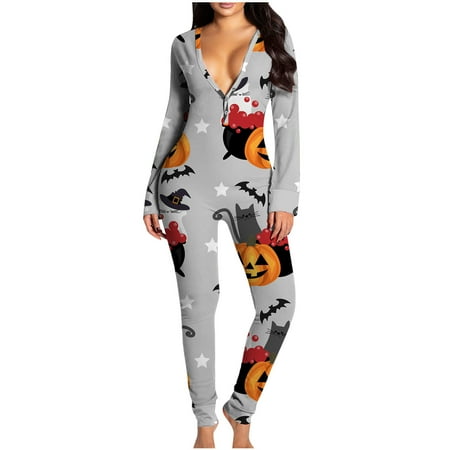 

Deals of the Day Tarmeek Women s Sexy Deep V Neck Button-Down Butt Flap Pajamas Halloween Printed Long Onesies Pajamas Stretch Long Sleeve One Piece Sleepwear Sexy Bodycon Bodysuit Jumpsuit Rompers