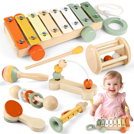 Hot Bee 7-in-1 Wooden Baby Music Toy Kit, Rattles, Xylophone, Beads Maze & More, Educational Sound Activity Set for Infants Toddlers 1-3