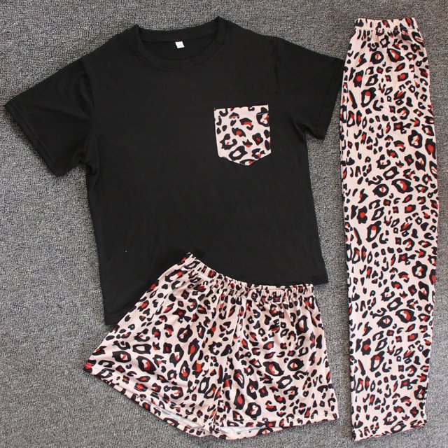 Conjunto De Pijama De Cuello Redondo, Conjunto De Pijama Con Estampado De Leopardo, Fibra De Poliéster Elástica, Lavable A Máquina Para Mujeres Para Dormir