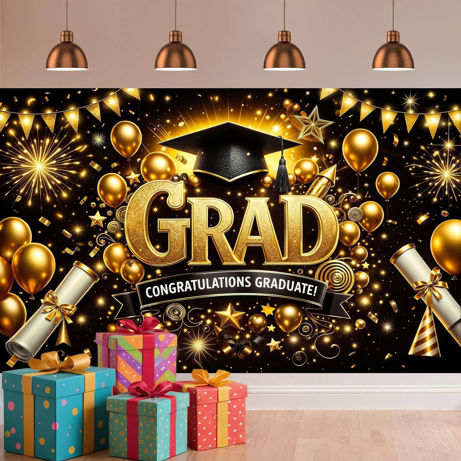 9x6ft Black and Gold Graduation Photography Backdrop, Congratulations Graduate Photo Booth Background with Cap Diploma Balloons, 2026 Grad Party Decor for High School College Graduation Supplies