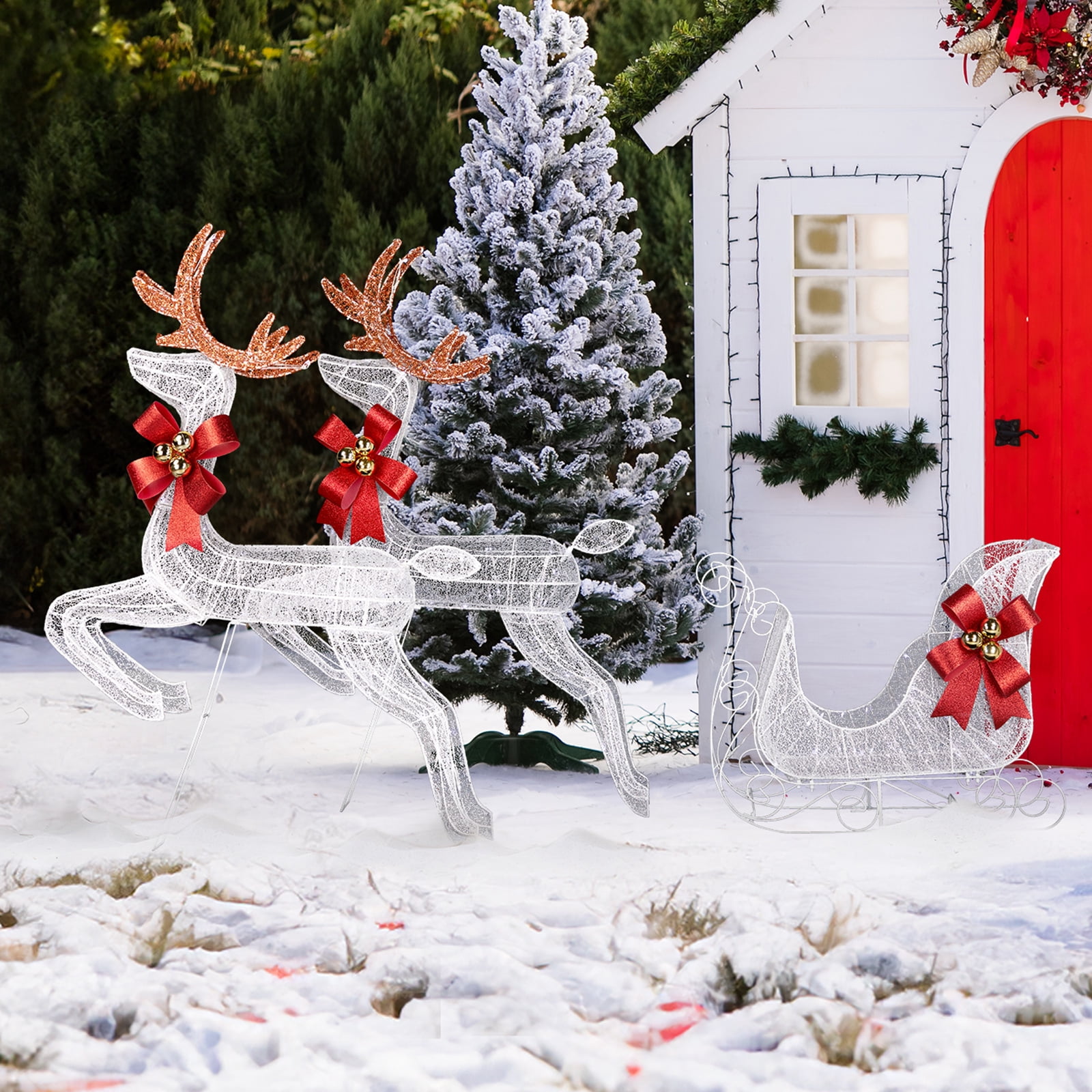 3PCS Lighted Set of 2 Reindeer & Sleigh, Weather Proof Christmas Outdoor Decorations with Pre-lit 270 LED White Lights and Stakes for Xmas Outdoor Holiday Indoor Decor Lighted Holiday Displays