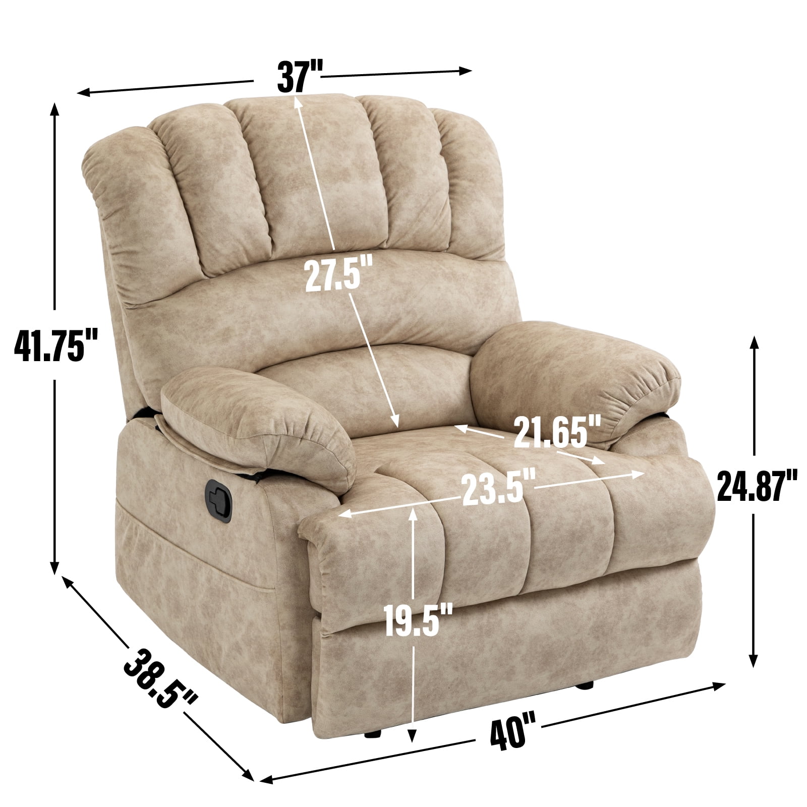 Trustyue  Manual Recliner Chair with Footrest, 40" Wide Push Back Recliner Chair with Three Position and Two Side Pockets, Velvet, Beige