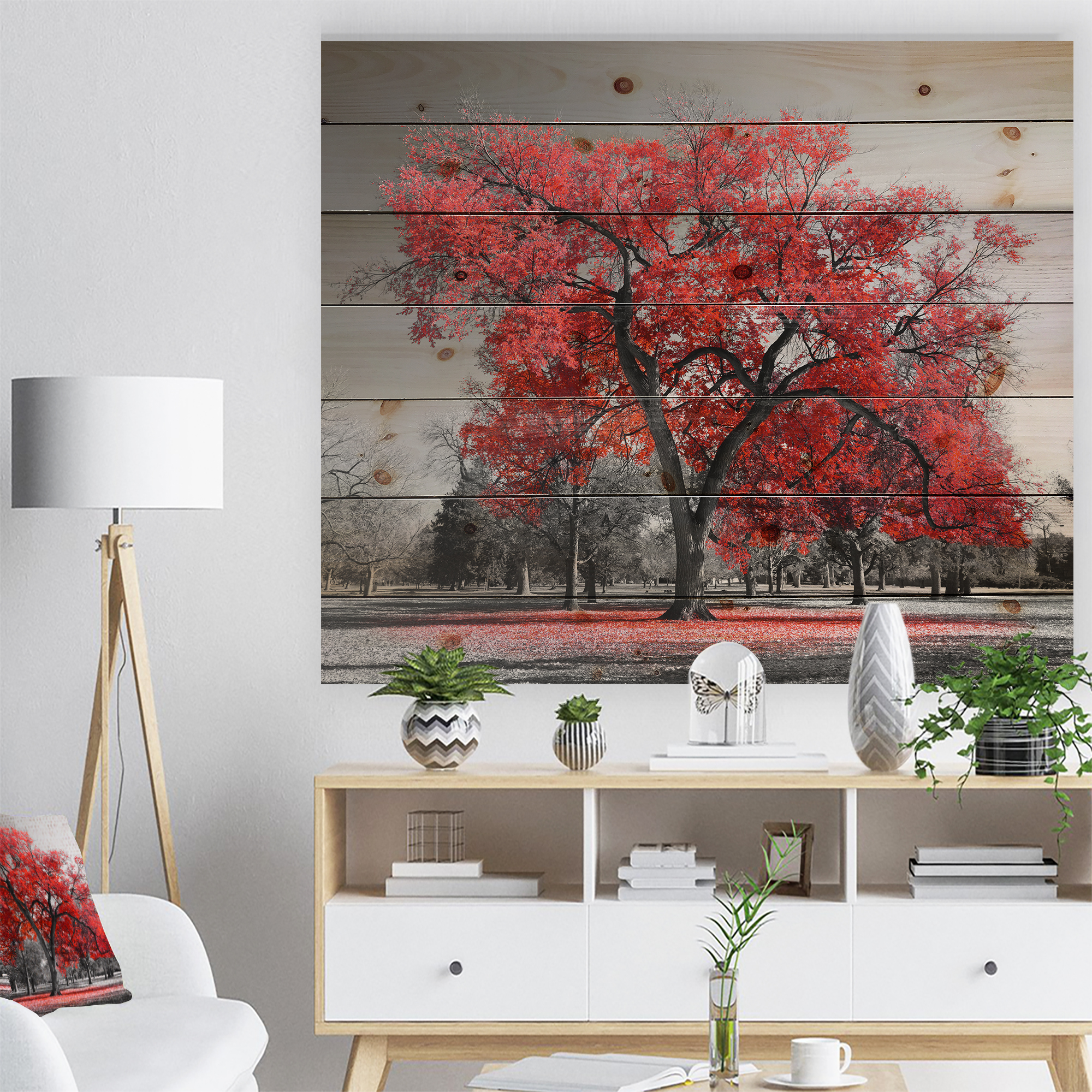 Designart 'Big Red Tree on Foggy Day ' Landscape Print on Natural Pine Wood