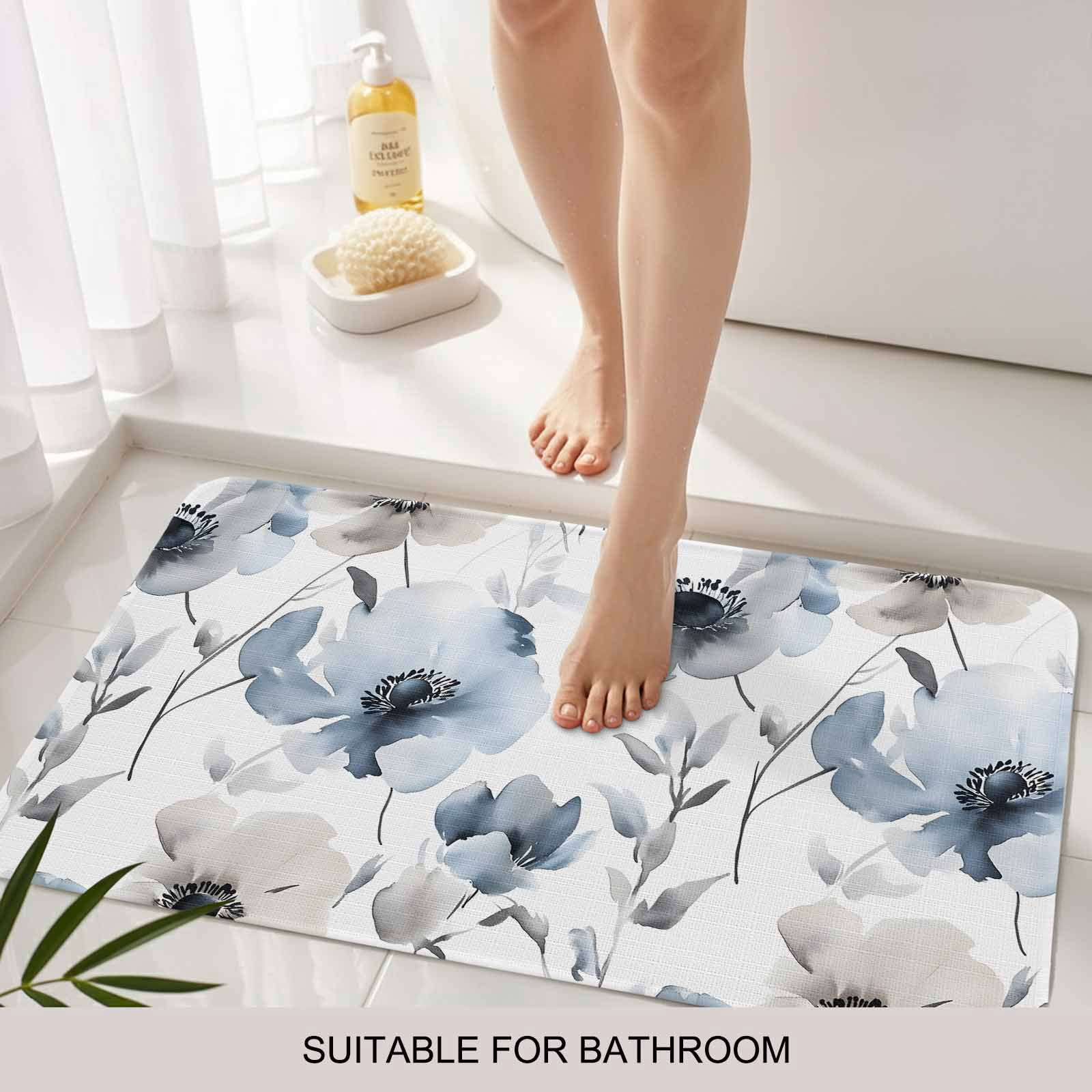 Blue Grey Spring Floral Doormat Outdoor Entrance 16"x24", Elegant Summer Botanical Absorb Moisture Dirt Door Mats, Non-Slip Rubber Backing Floor Mats Indoor, Low-Profile Front Door Rugs