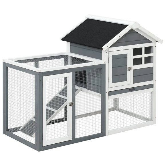 PawHut 48" Weatherproof Wooden Rabbit Hutch With Slant Roof And Screened Outdoor Run, Grey