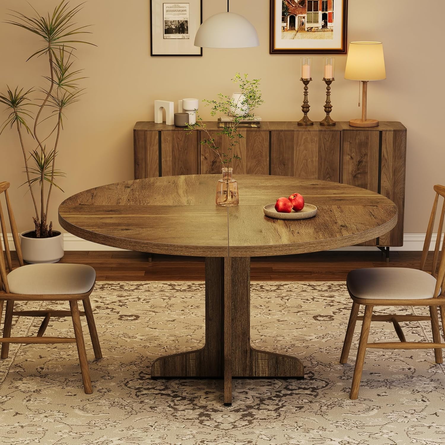 GAOMON 47 inch Round Dining Table for 4-6 People, Farmhouse Circle Kitchen Table with Wooden Table Top and Legs, Dinner Table for Dining Room Living Room, Brown (Only Table)