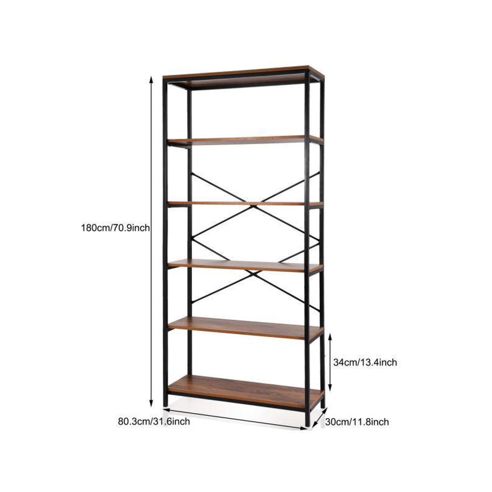5Tier Adjustable Tall Bookcase, Rustic Wood and Metal Standing