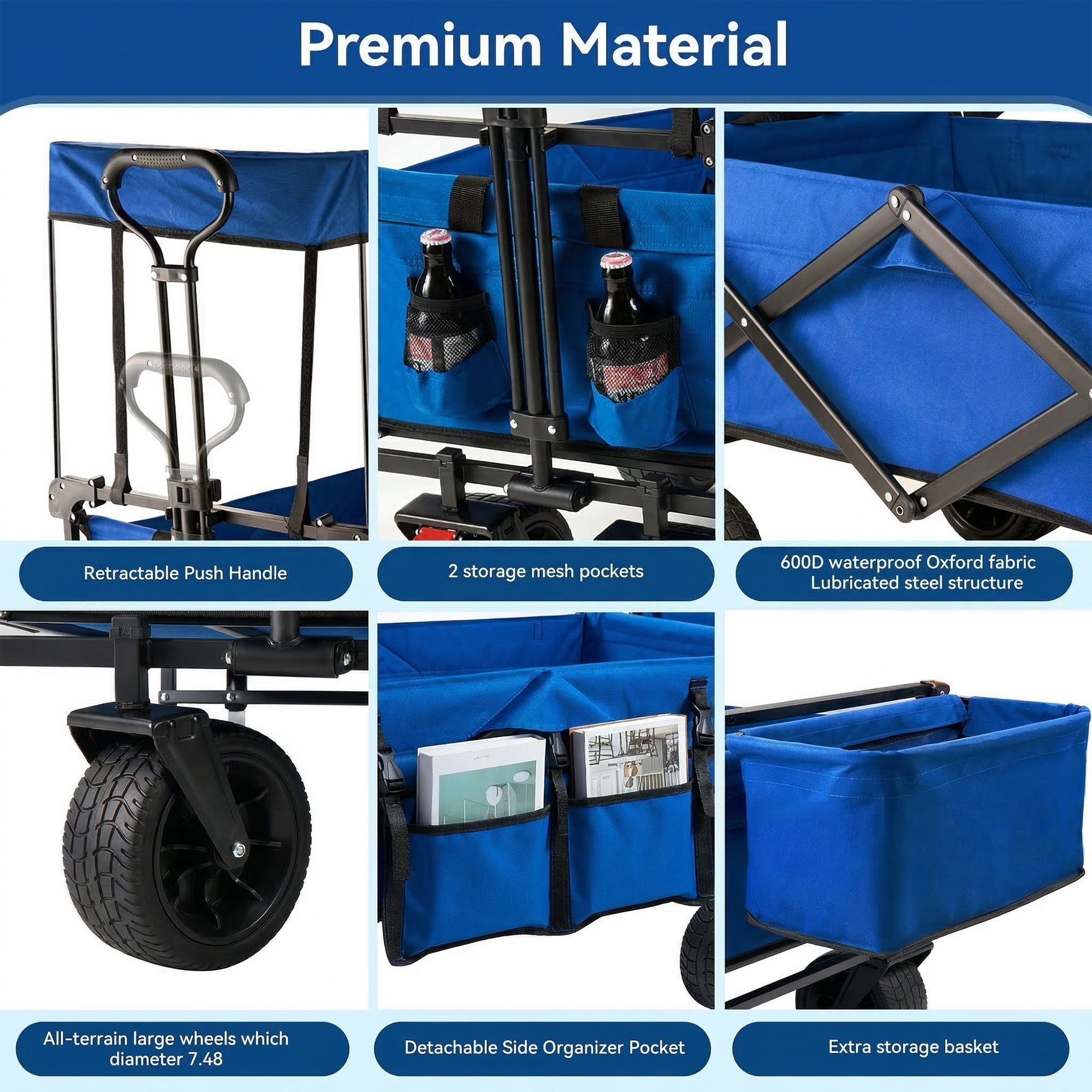 VECUKTY Collapsible Garden Wagon Cart with Removable Canopy Blue