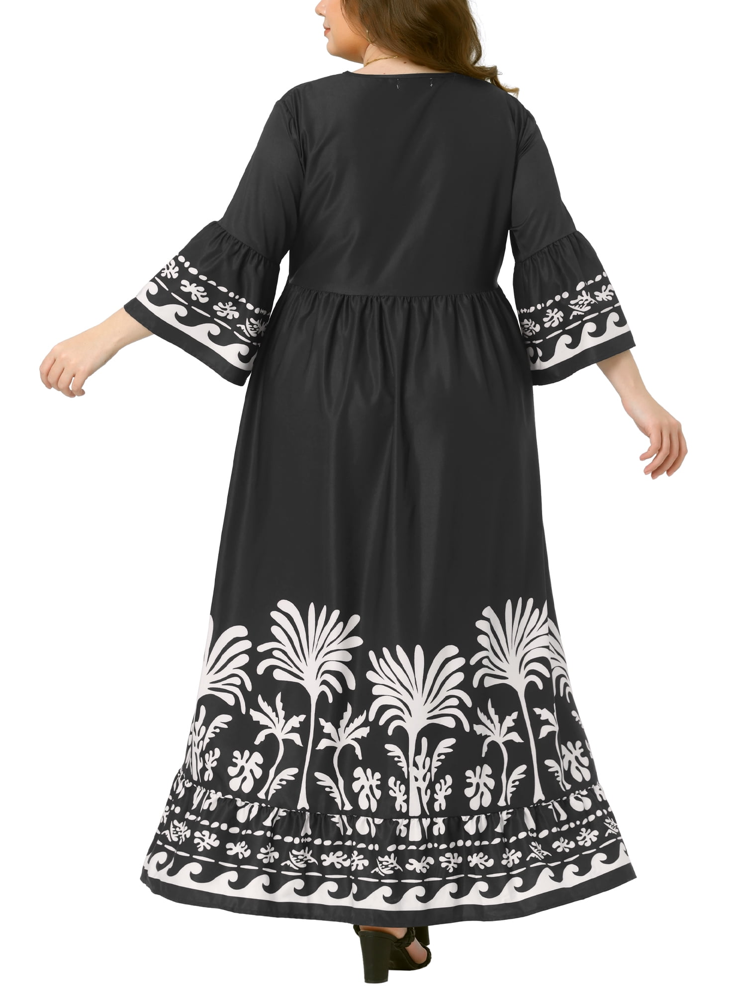 DARING DIVA Plus Size Maxi V Neck Babydoll 3/4 Flare Sleeve Dress 1X Black