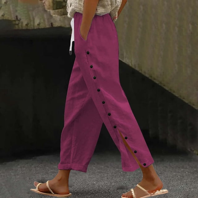 Soki Linen Pants Women Summer Casual Side Button Drawstring Pants Lightweight Boho Beach Pants Comfy Work Pants