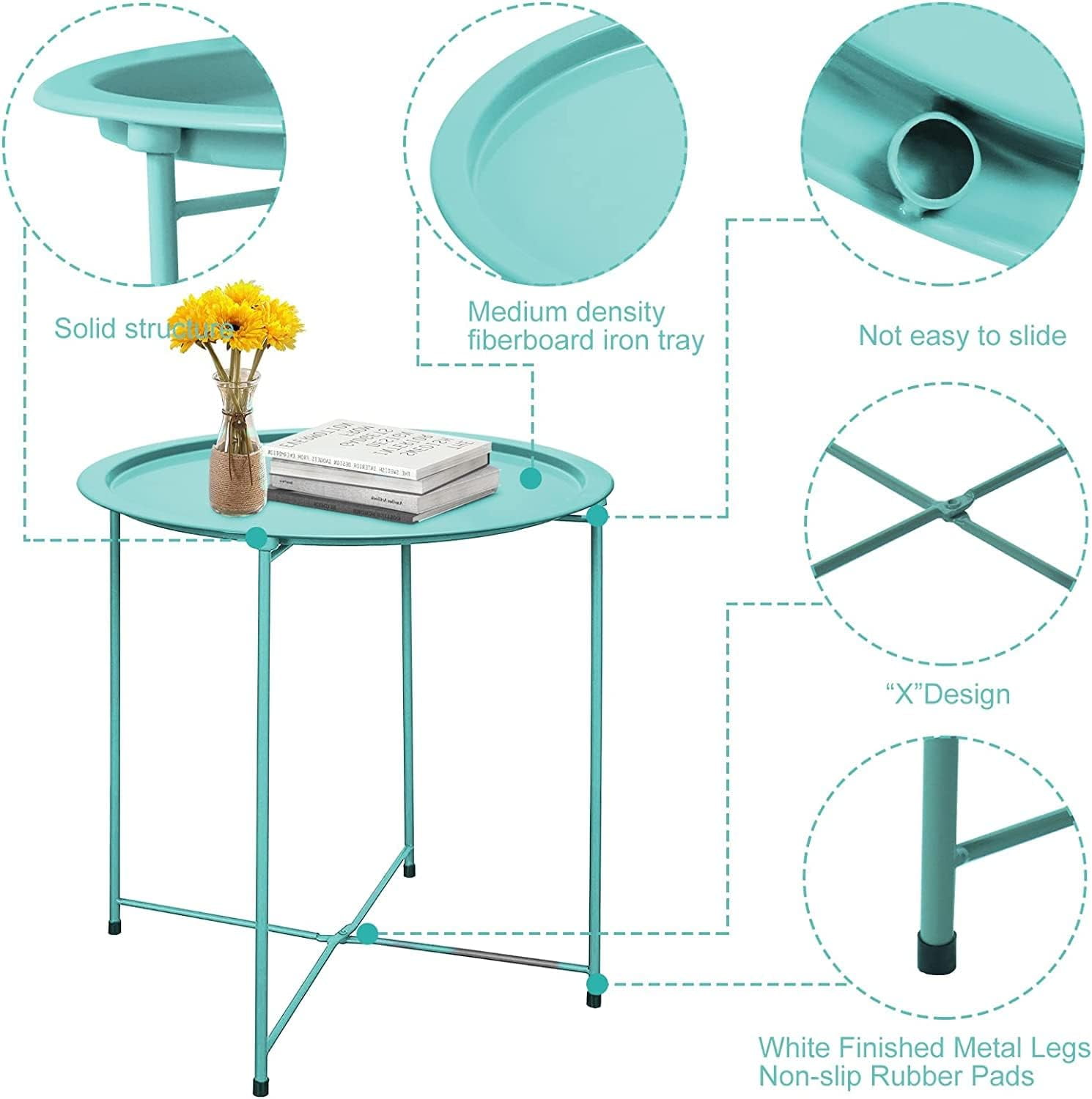 Folding Tray Metal Side Table 2PC Green Round End Table Cyan Sofa Small Accent Fold-able Table, Round End Table Tray, Next to Sofa Table, Snack Table for Living Room and Bed Room
