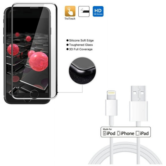 iPhone 8/7/6S/6 - Tempered Glass Screen Protector w Certified 6ft MFi USB Cable - 3D Curved Edge Full Cover HD Clear 9H Hardness, Charger Cord Power Wire Sync Long for iPhone 8/7/6S/6