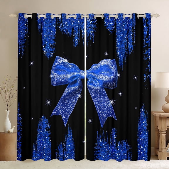 Feelyou Fashion Blue Bow Blackout Curtains Set of 2 (52x84 Each), Sequin Print Window Curtains, Princess Style Curtains and Drapes, Window Curtains Room Decoration
