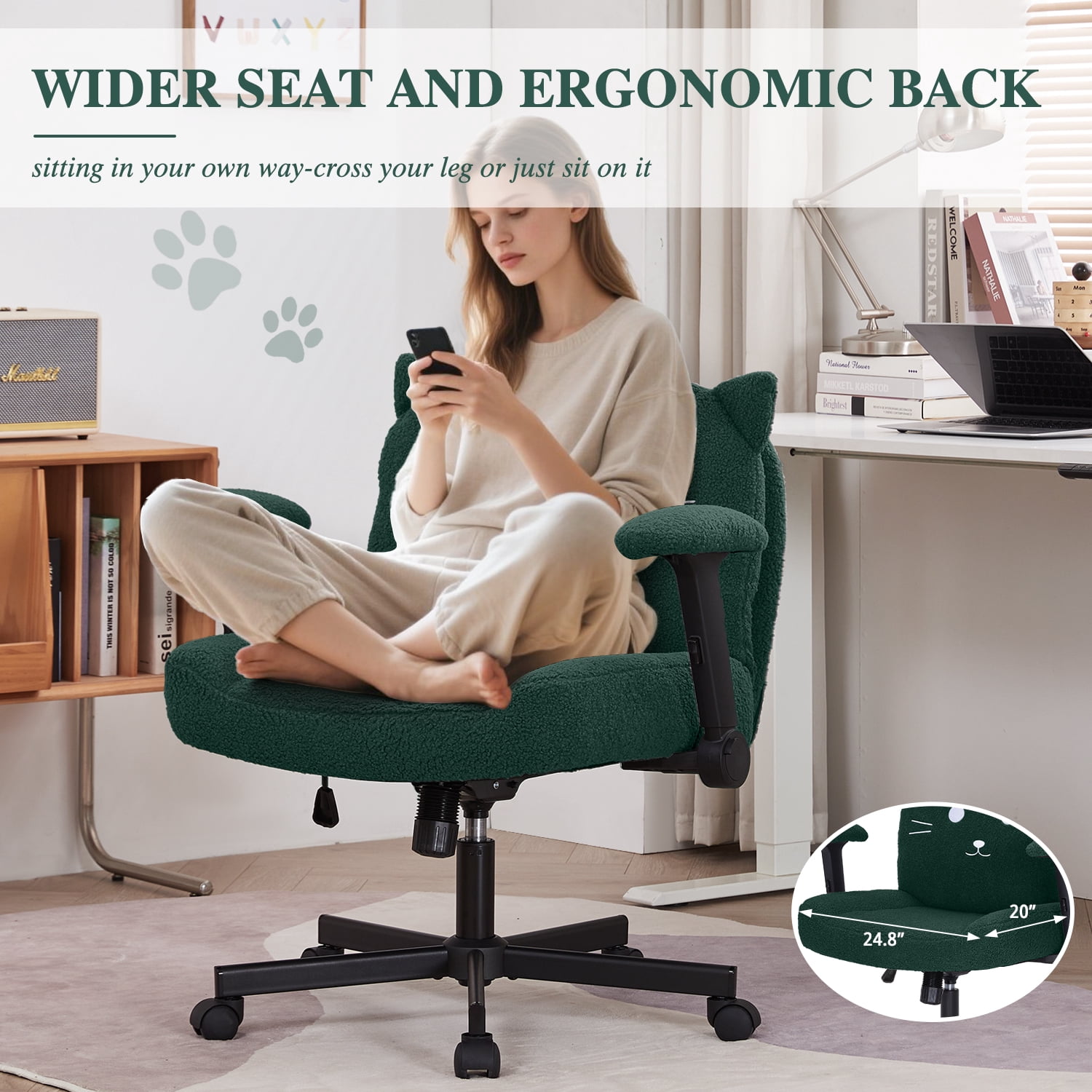 Criss Cross Legged Chair with Wheels and Flip-up Arms, Ergonomic Wide Seat Computer Desk Chair, Comfortable Home Office Computer Chair 300lbs