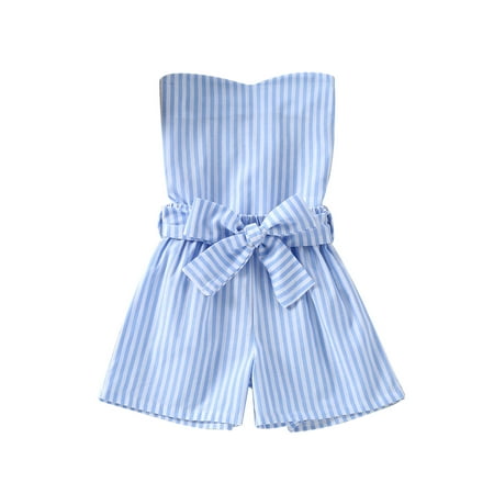 

Nokpsedcb Toddler Kids Baby Girls Short Jumpsuit Summer Casual Sleeveless Stripe Print Off Sholder Romper with Belt Blue 7-8 Years