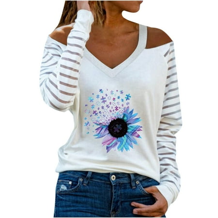 

Women s Long Sleeve Tops Casual Cold Shoulder V-neck Blouse Valentine s Day Heart Printed Loose Plus Size T-Shirt Top