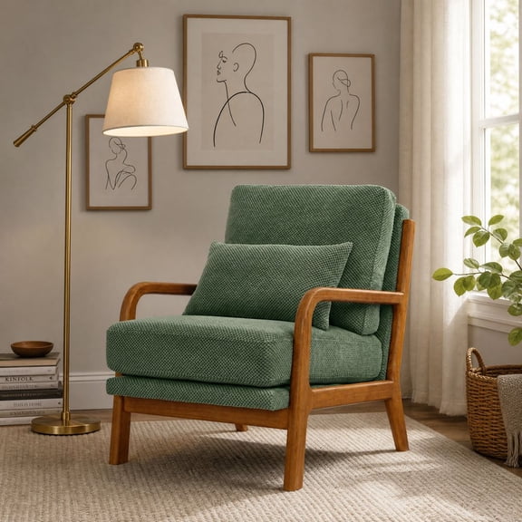 LUMAMIN Wooden Lounge Chair, Modern Accent Chairs with Solid Wood Armrests and Nubby Upholstery, Reading Chair for Living Room, Bedroom or Reading Nook, Green