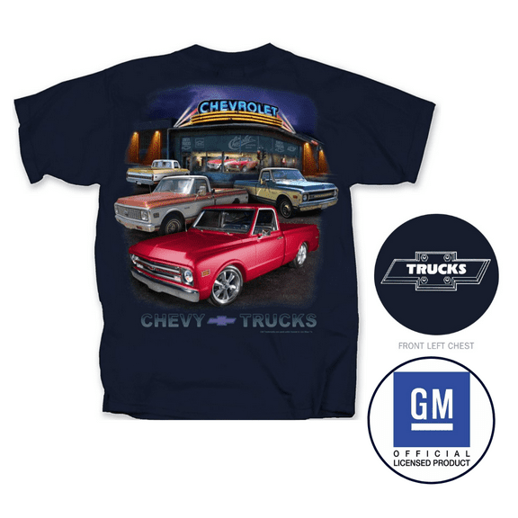 Chevy Trucks 1967-1972 Trucks Dealer Scene T-Shirt Navy Blue Official Licensed (L)