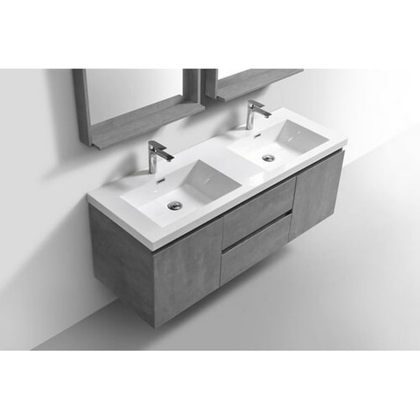 Alma Pre 24 Cement Grey Wall Mount Vanity With White Double Sink Com - Reinforced Acrylic Composite Bathroom Sink