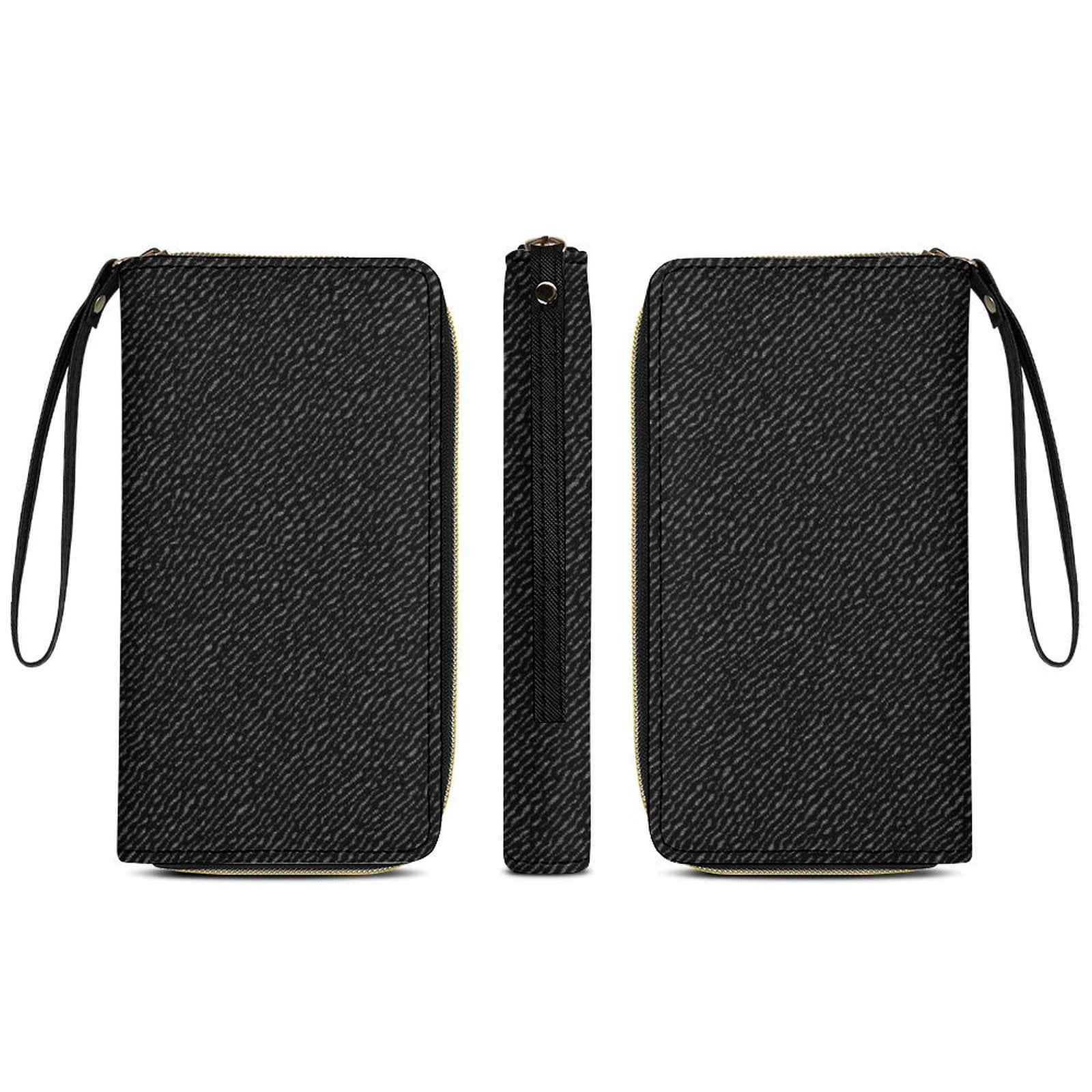 Womens Wallet Bifold Ladies Cluth Bag Wristlet Wrist Strap Long Purse Black Denim Pattern Texture Design