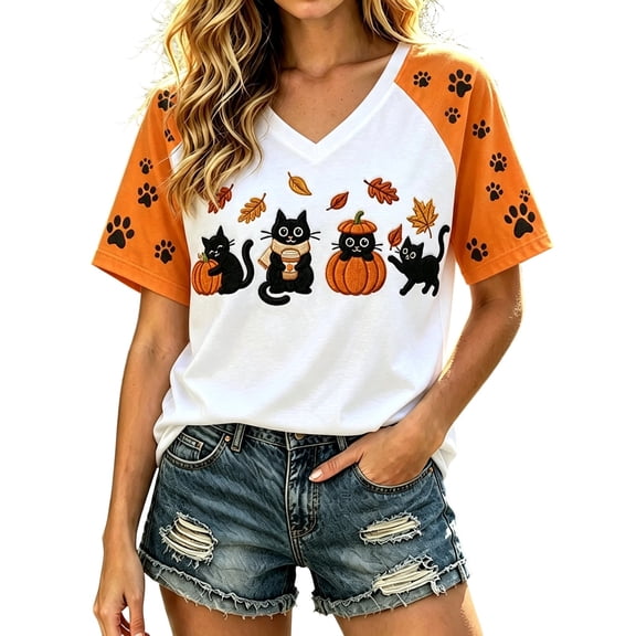 Gunia Halloween Tshirt Women Cat Short Sleeve V Neck Shirts Funny Fall Tops,Size S-Xxl